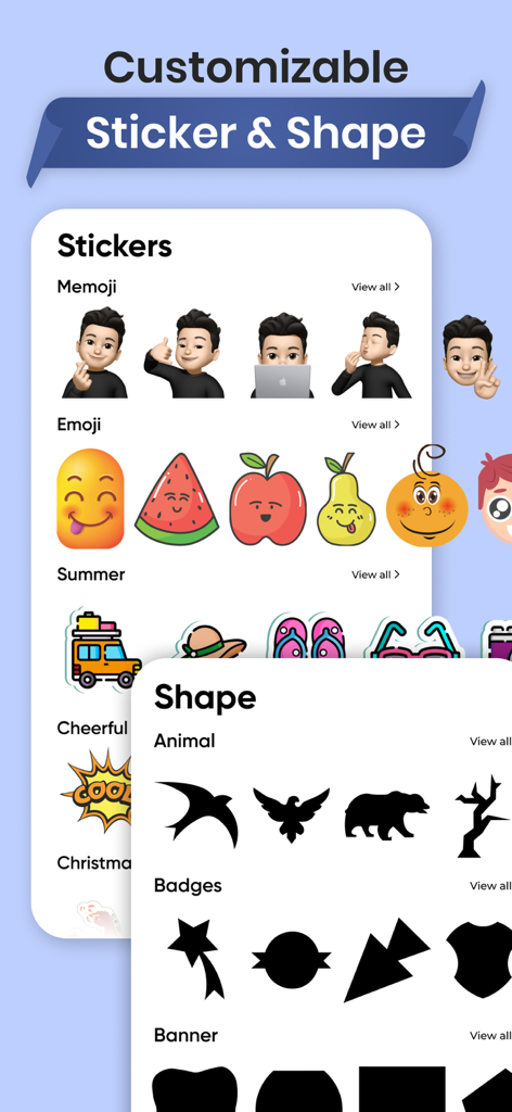 Thumbnail Maker For YT studios - Interfaz de usuario de la aplicación Thumbnail Maker que muestra categorías de pegatinas y formas para personalizar gráficos de redes sociales