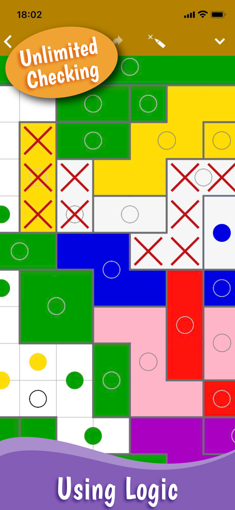 Sym-a-Pix: Nonogram Symmetry - A colorful Sym-a-Pix puzzle grid showing symmetrical blocks and dots with an unlimited checking label.