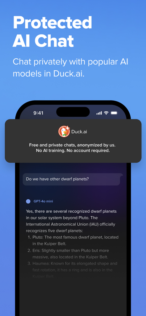 난쟁이 행성에 대한 AI 모델과의 개인 대화를 보여주는 Duck.ai 보호 채팅 기능의 인터페이스.