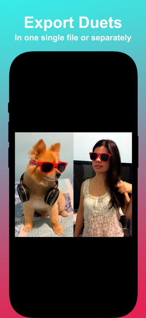 Screenshot of the Duet Camera app showing a side by side video of a dog and a woman with options to export duets