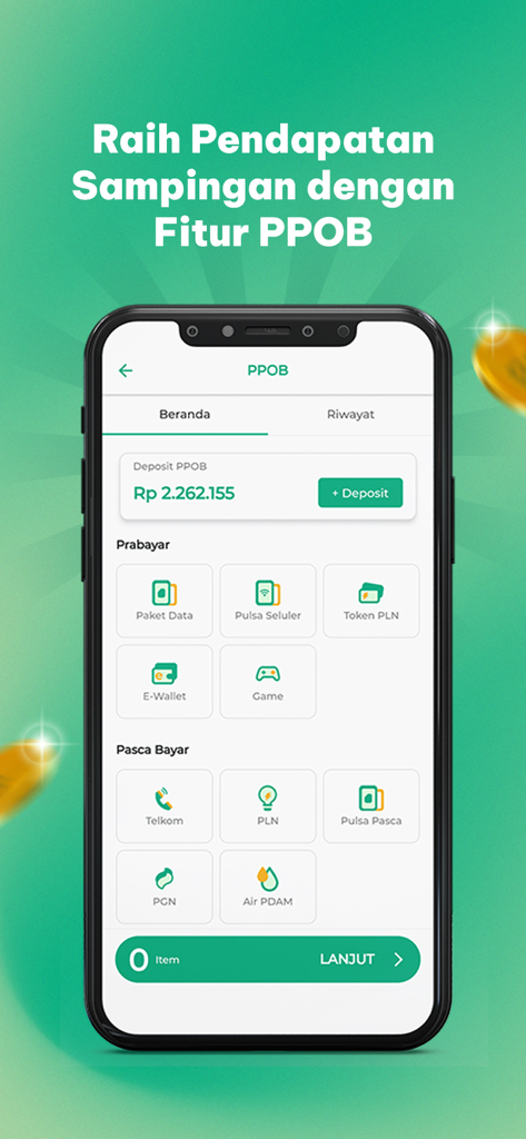 Kasir Pintar POS mobile app interface showing PPOB features for selling digital products and earning side income