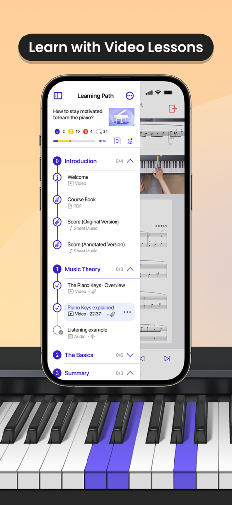 Learn Piano – OKTAV - Mobile app interface showing a structured piano learning path with video lessons and music theory
