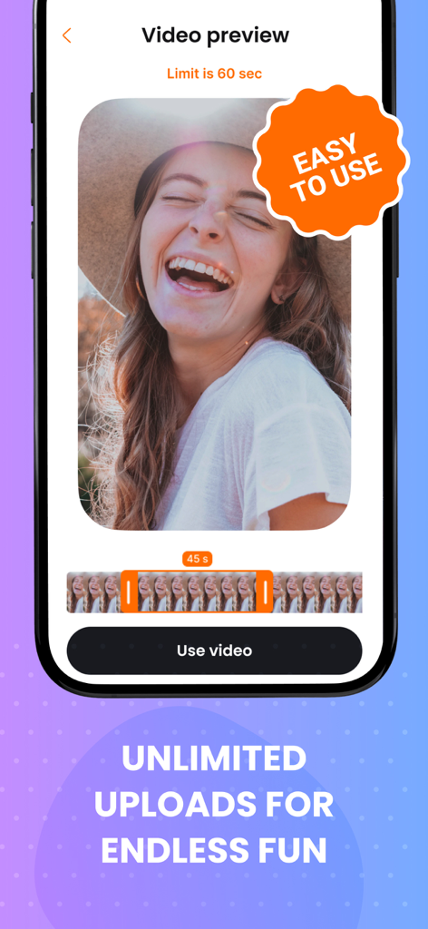 AI Face Swap Video Generator - Interface of the AI Face Swap app showing a video preview of a laughing woman with a timeline and easy to use badge