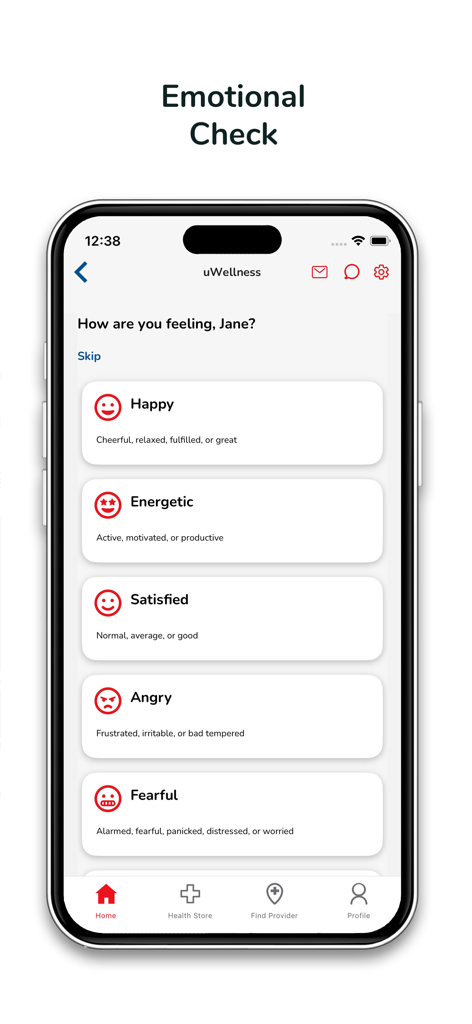 Universal.one - Universal.one app emotional check-in screen with mood tracking options