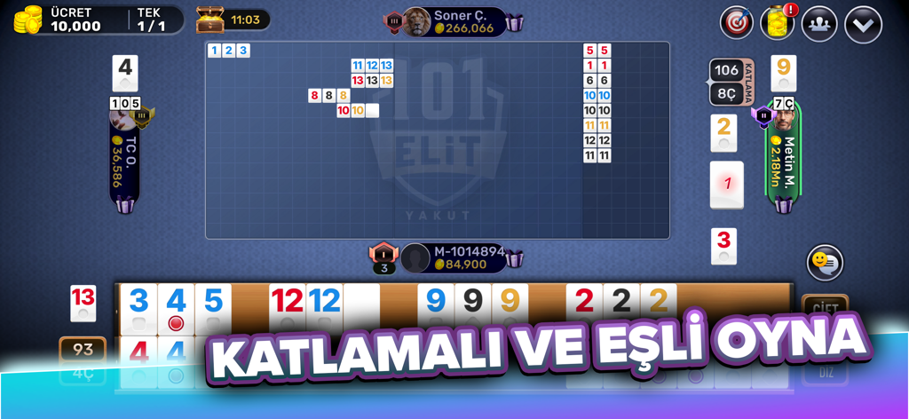 101 Yüzbir Okey Elit - Mobile gameplay of 101 Yuzbir Okey Elit showing the tile board and multiplayer interface