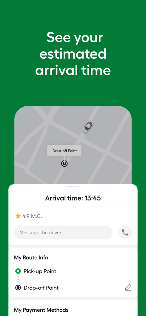 Écran de l'application Marti montrant l'heure d'arrivée estimée et le suivi de la course sur une carte