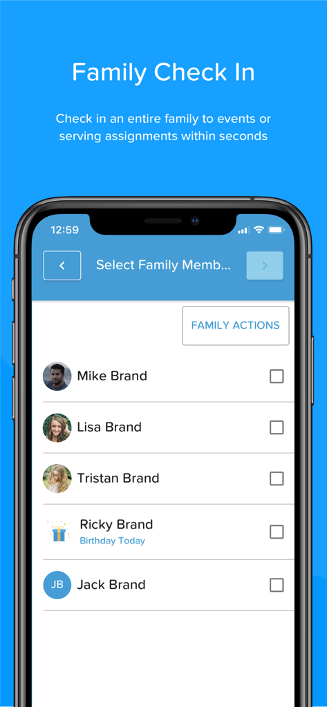 Check-In App - Una interfaz de aplicación móvil que muestra una lista de miembros de la familia para el registro de eventos