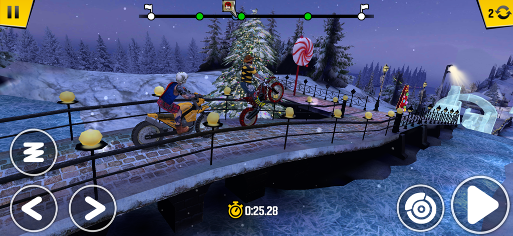Trial Xtreme 4 Moto Bike Game - Two riders competing on motorcycles across a snowy bridge in Trial Xtreme 4