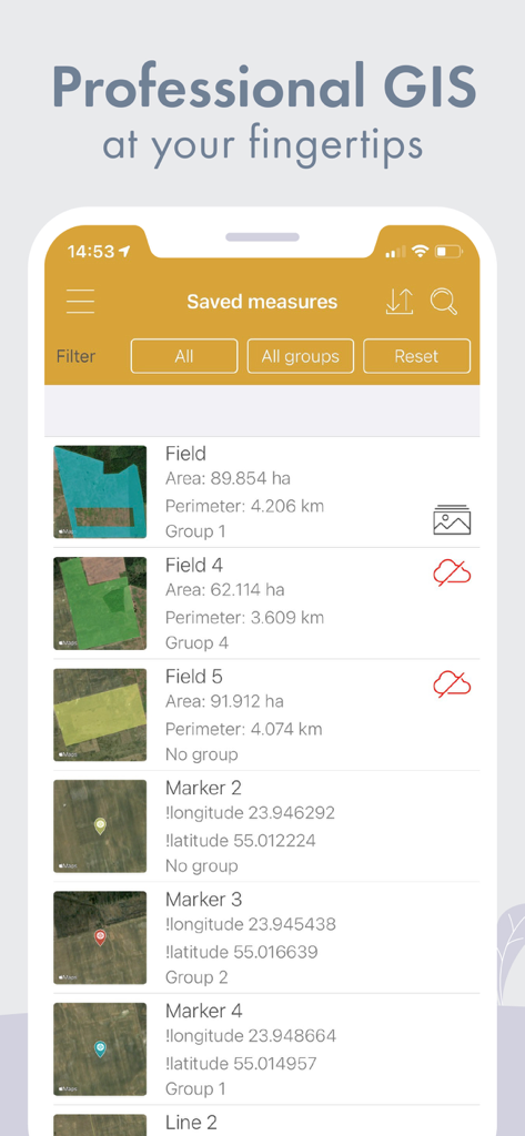 GPS Fields Area Measure Map - Uma lista de medições de terra salvas, incluindo área do campo, perímetro e marcadores GPS com coordenadas.