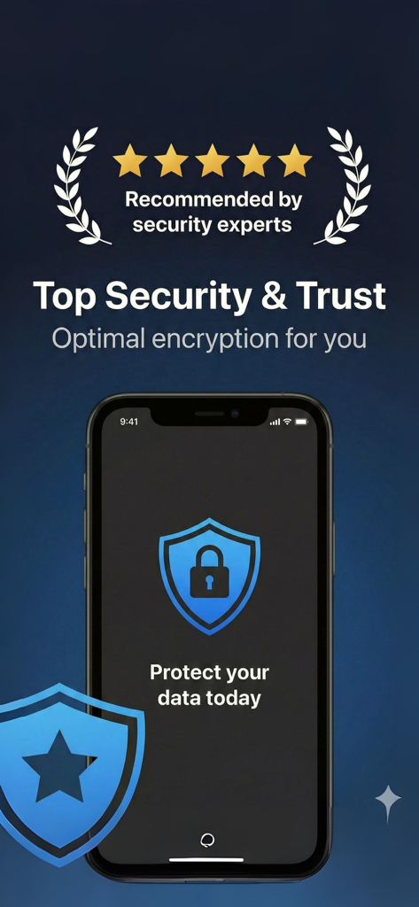 ステガノグラフィーアプリのインターフェース。セキュリティ専門家のおすすめとiPhone上のデータ保護シールドが表示されている
