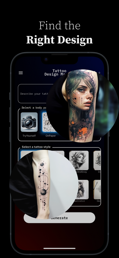 Interface do aplicativo Gerador de Design de Tatuagem por IA mostrando opções de estilo e designs personalizados