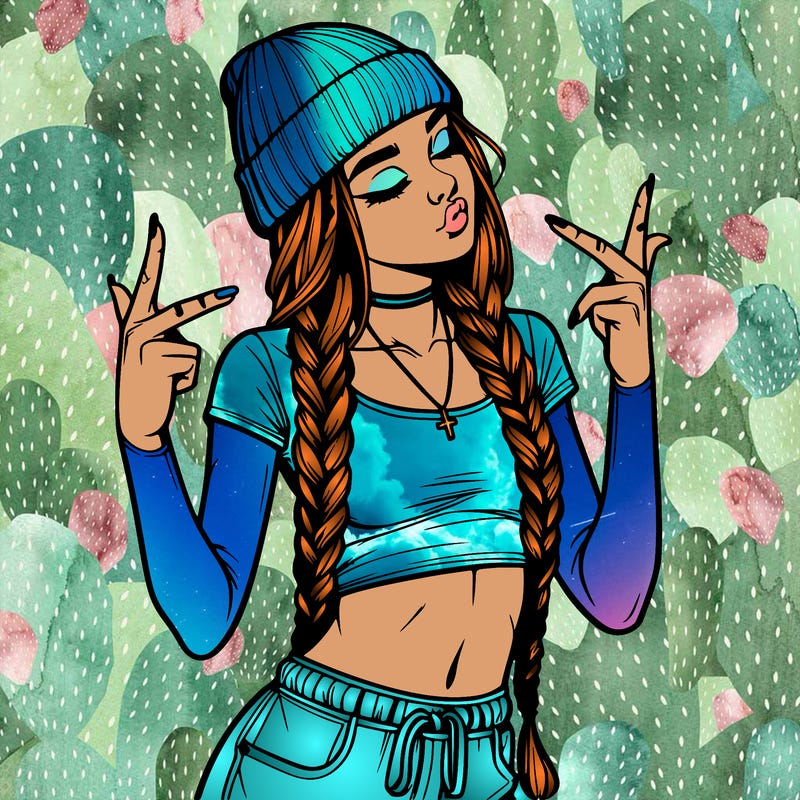 realistic teenage girl with braids and a beanie and crop top doing 🫶🏼