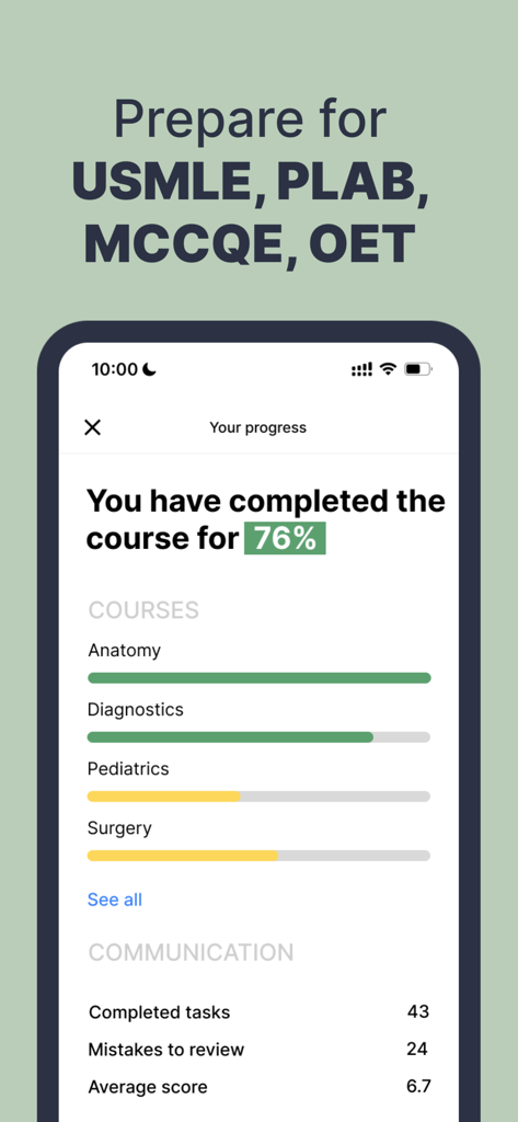 Medical English Doxa app interface showing course progress for medical exam preparation like USMLE and OET