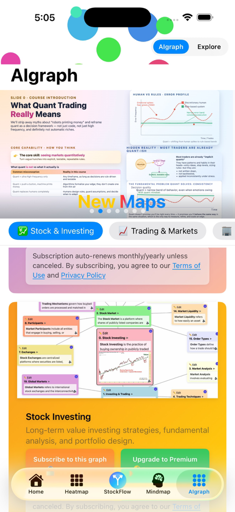 Investment education interface showing quantitative trading modules and interactive market mind maps