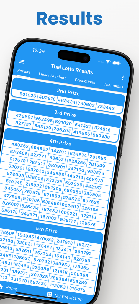 Thai Lotto Results - Interface do aplicativo Thai Lotto Results exibindo números vencedores para várias categorias de prêmios