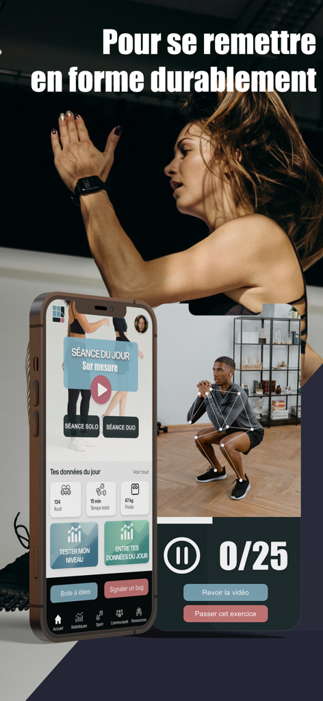 Morphit - Morphit mobile app interface showing real-time AI motion tracking for squat form correction and personalized workout options.