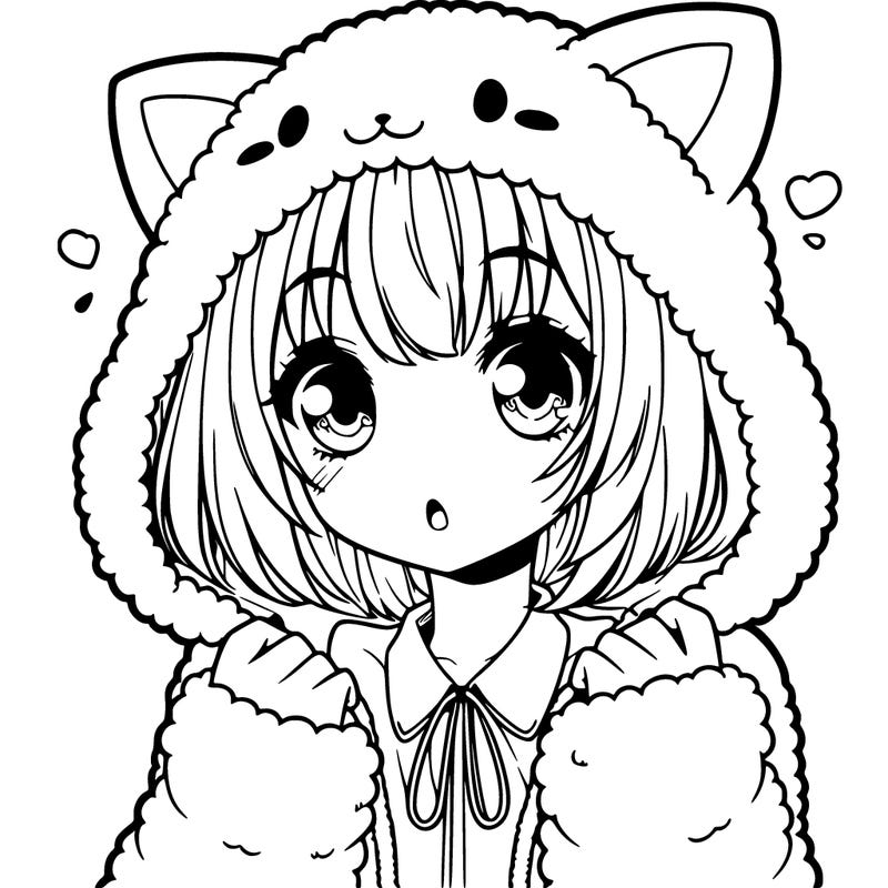 anime girl wearing cute fluffy cat pajamas with bangs covering them one eye