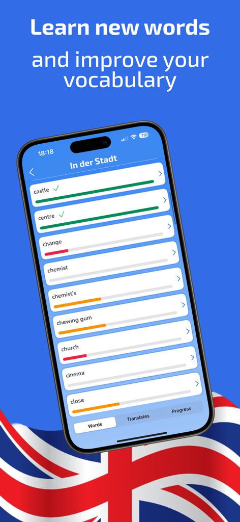 Easy Learn English! - Mobile phone displaying a list of English words with progress bars for vocabulary learning in the Easy Learn English app