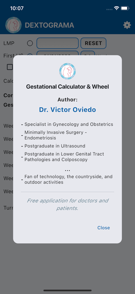 Dextograma - Pantalla "Acerca de" de la aplicación Dextograma que muestra las credenciales del Dr. Víctor Oviedo como especialista en ginecología y obstetricia.