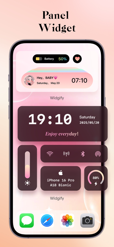 Aesthetic iPhone home screen with Widgify panel widgets for clock and battery info