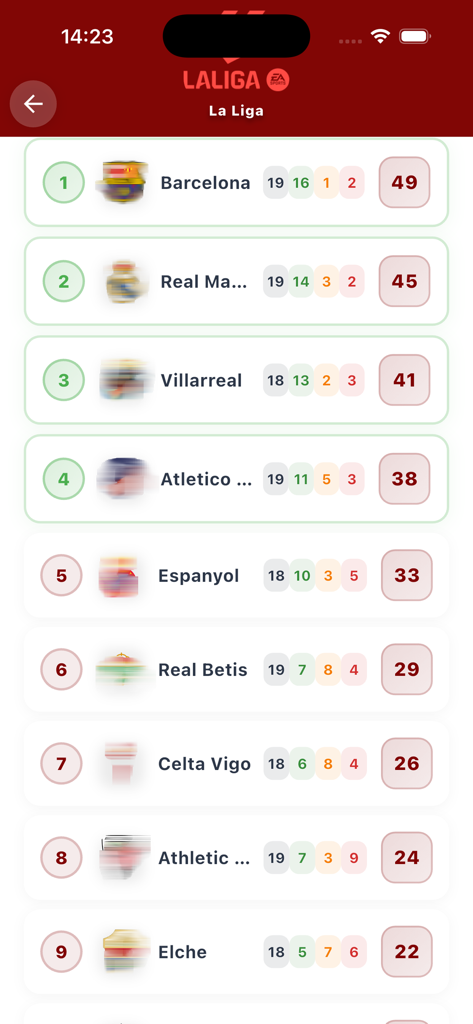 La Liga league table and team rankings in the Yacine TV app showing points and match stats.
