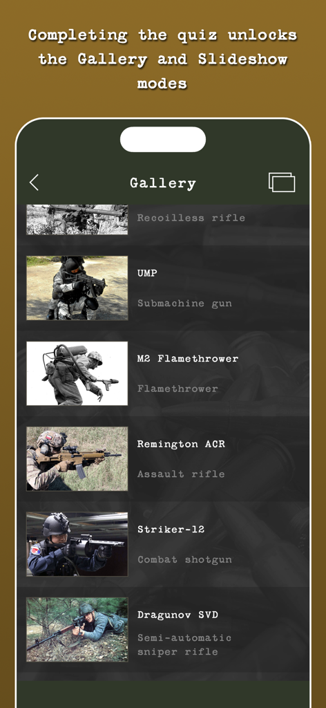 Guess the Modern Firearm - Weapon gallery screen showing various firearms like submachine guns and assault rifles in the Guess the Modern Firearm app.
