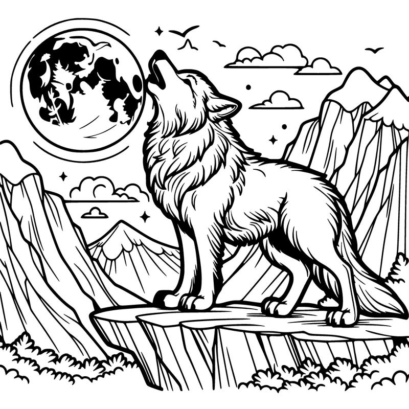 wolf howling at the moon on a cliff realistic