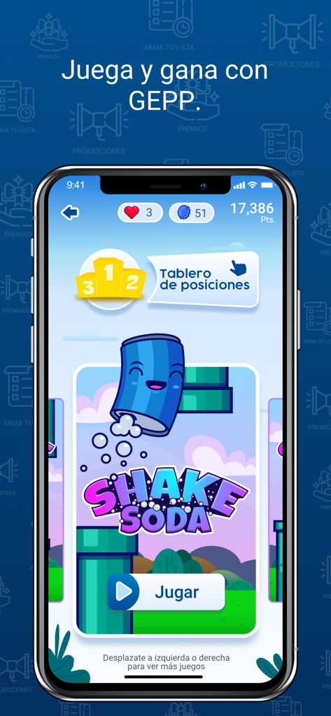 The Shake Soda gamification screen in the GEPP en tus manos app for earning loyalty rewards