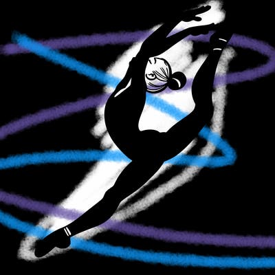 gymnast doing a leap in a leotard with a bent back leg