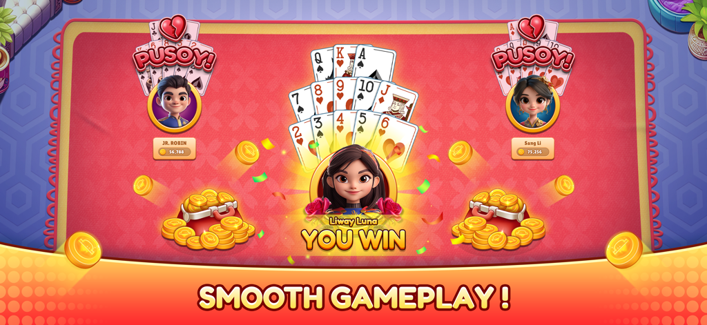 Tongits Club Offline - Pusoy card game victory screen in Tongits Club Offline featuring character avatars and gold rewards.