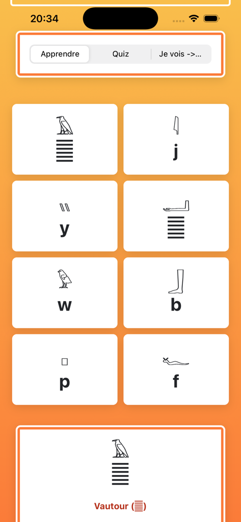 Educational app interface showing Egyptian hieroglyphs paired with Latin alphabet letters for children