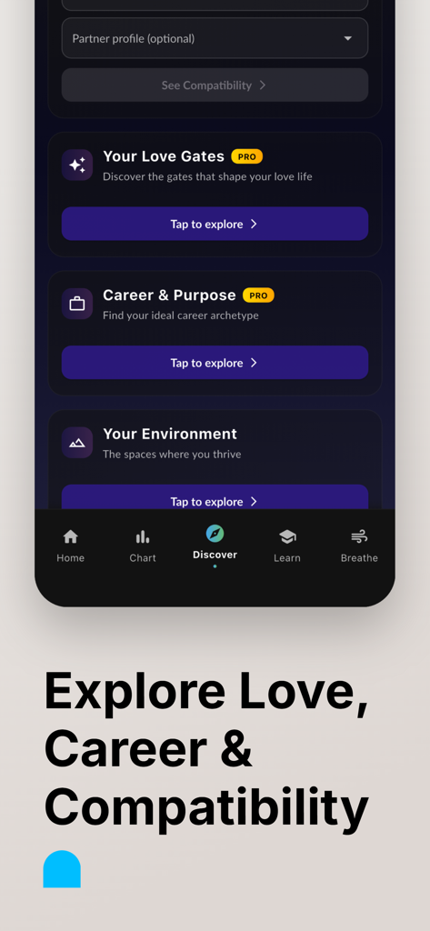 Human Design Chart: Soul Flow - Interface de l'application Soul Flow affichant les options de découverte du Design Humain pour l'amour, la carrière et l'environnement