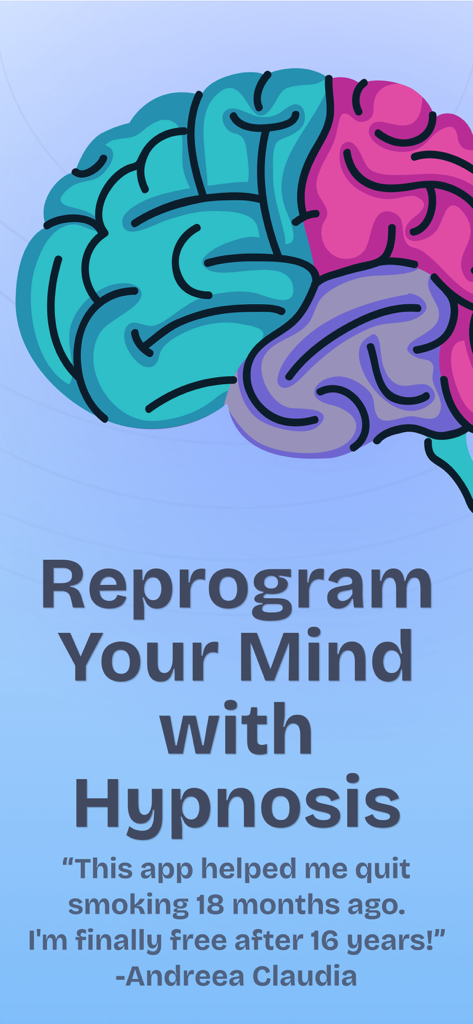 Quit: Hypnosis to Stop Smoking - Hypnosis app screen for quitting smoking featuring a colorful brain illustration and a user testimonial.