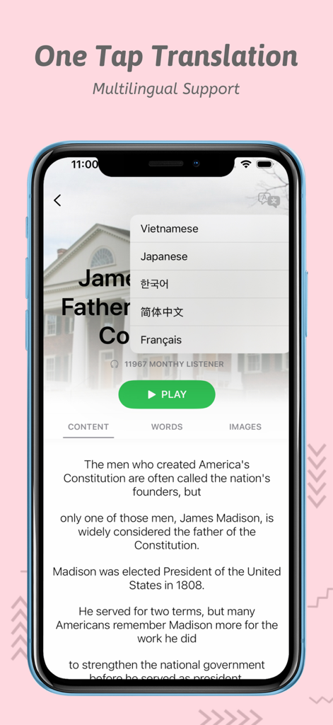 VOA Learning English app screenshot showing the one tap translation menu with options for Vietnamese Japanese Korean and Chinese