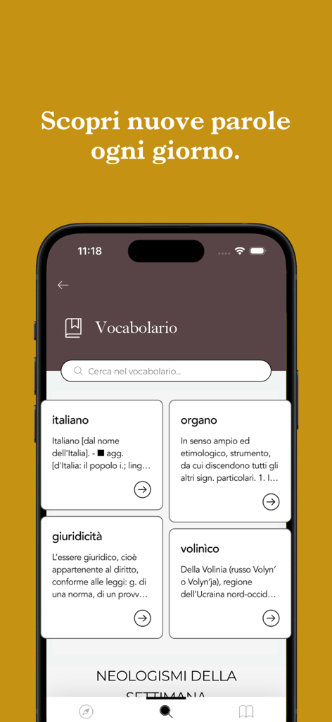 Section vocabulaire de l'application mobile Treccani montrant la barre de recherche et les cartes de définition de mots