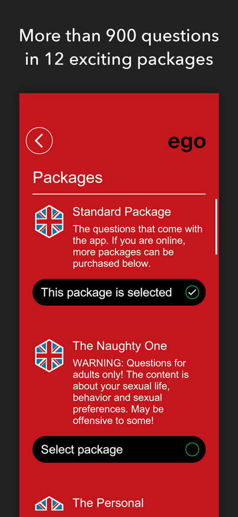 EGO - The Party Game - Interface de l'application de jeu de société EGO montrant divers packs de questions comme Standard et The Naughty One