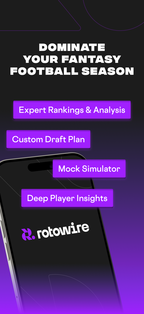 RotoWire Fantasy Football app screen highlighting expert rankings custom draft plan and mock simulator