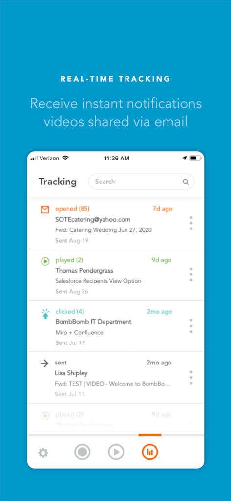 BombBomb - A screenshot of the BombBomb app showing the real-time tracking dashboard with notifications for video email opens, plays, and clicks.