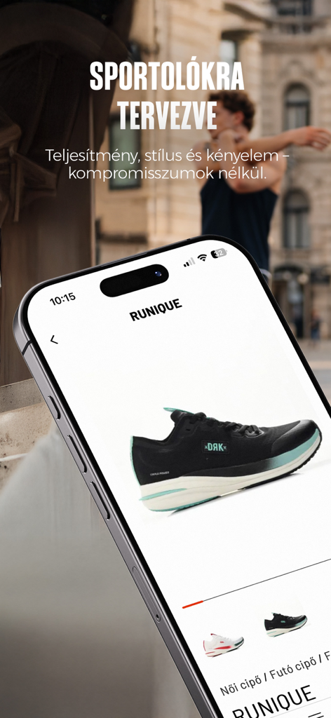 DRK - A smartphone screen showing the DRK app product page for a black Runique sneaker