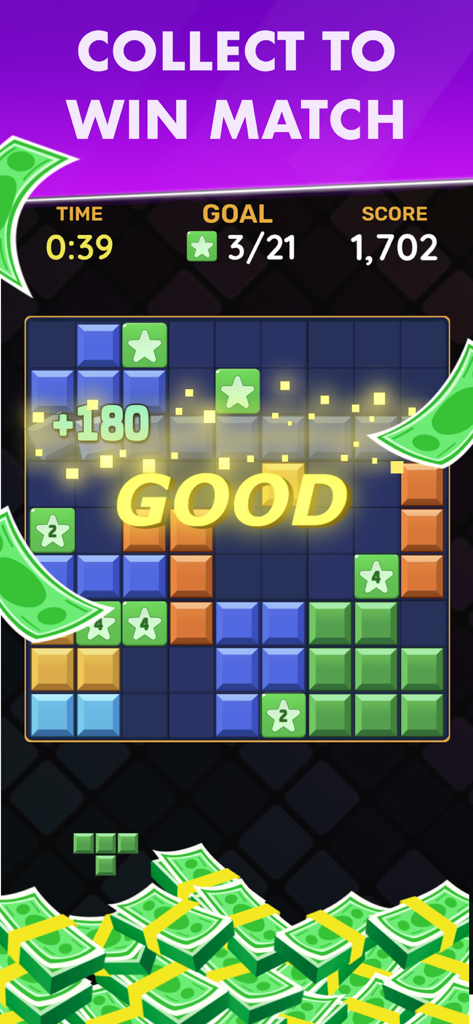 Block Cash: Win Real Money - Gameplay screen of Block Cash showing a block puzzle grid and money graphics emphasizing winning cash prizes