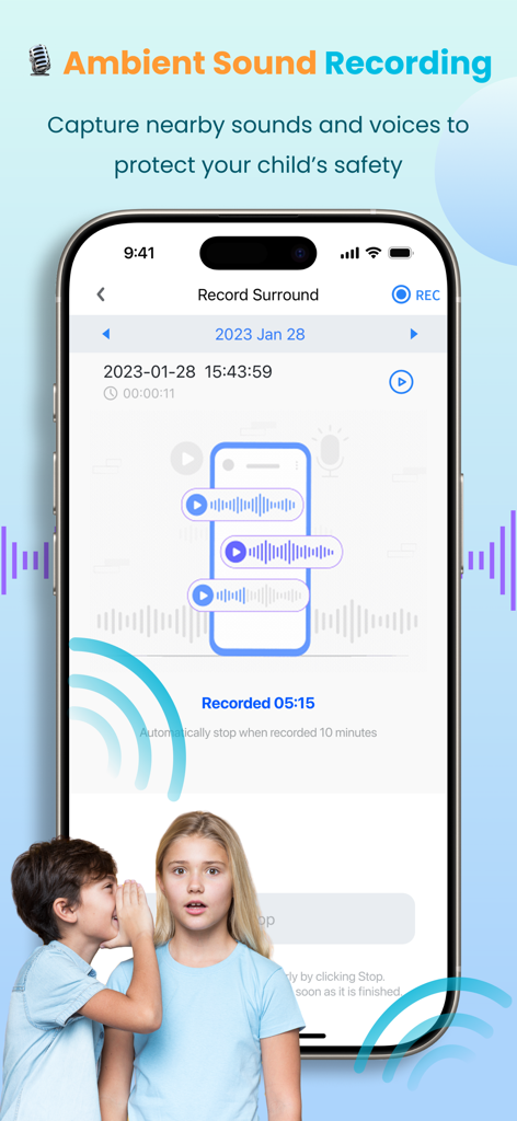 KidsGuard Pro-Parental Control - KidsGuard Pro app interface showing ambient sound recording feature for parental monitoring
