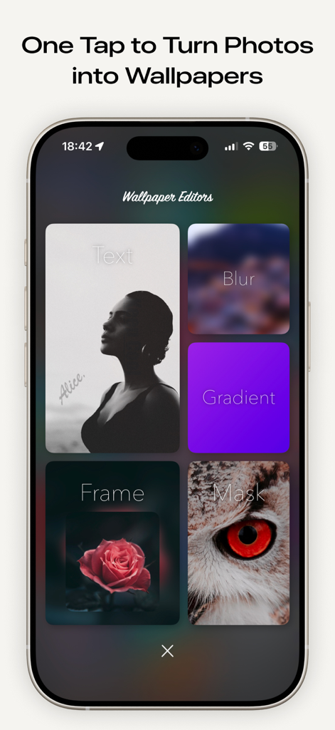 Clarity Wallpaperアプリのインターフェース。テキスト、ぼかし、グラデーション、フレーム、マスクなどのさまざまな壁紙編集ツールが表示されています。