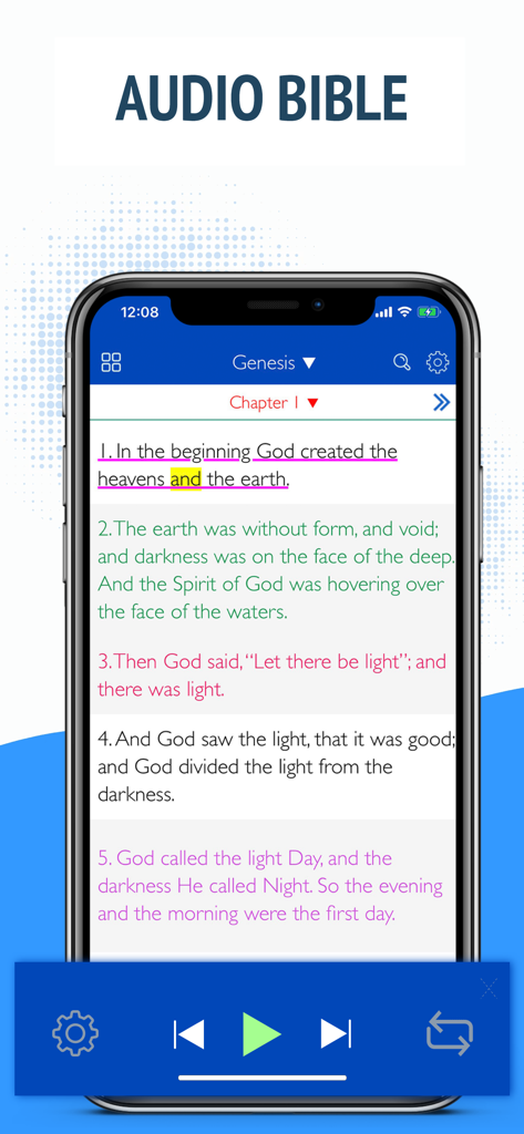 NASB Bible - NAS Holy Version - NASB聖書アプリのインターフェース。オーディオプレーヤーと創世記の聖句が表示されています。