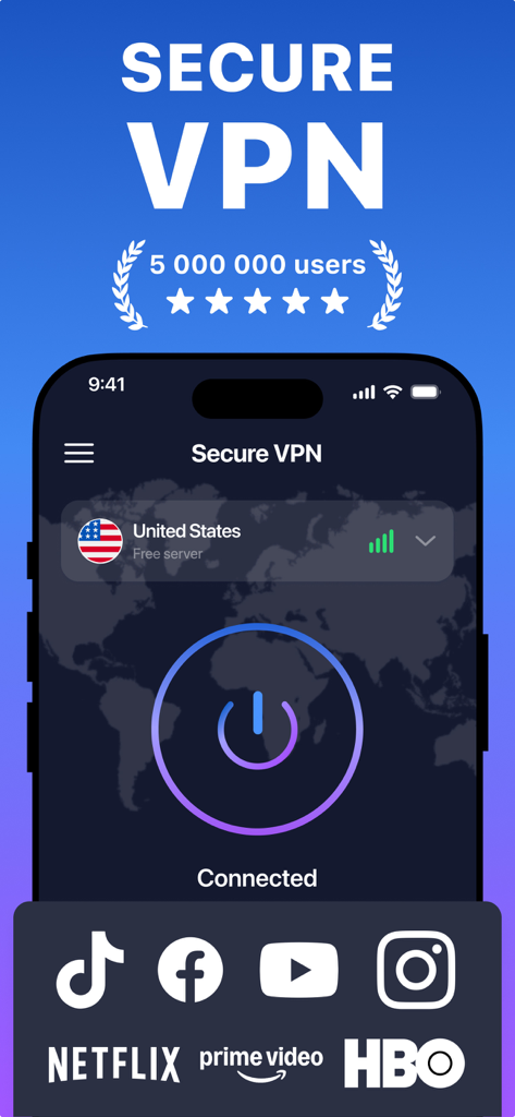 Interfaccia dell'app mobile Secure VPN che mostra uno stato di connessione riuscita e il supporto per piattaforme di streaming e social media popolari.