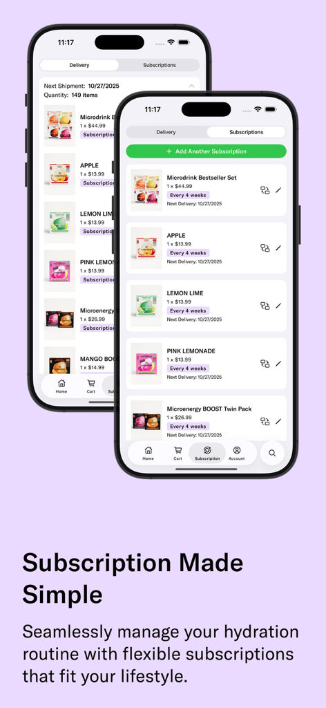 waterdrop® Shopping App - iPhone interface of the waterdrop shopping app displaying a list of microdrink flavor subscriptions with delivery dates and prices.