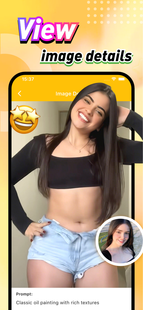 Charz - Interface de l'application Charz affichant des informations détaillées pour un portrait réaliste, y compris son prompt de création.