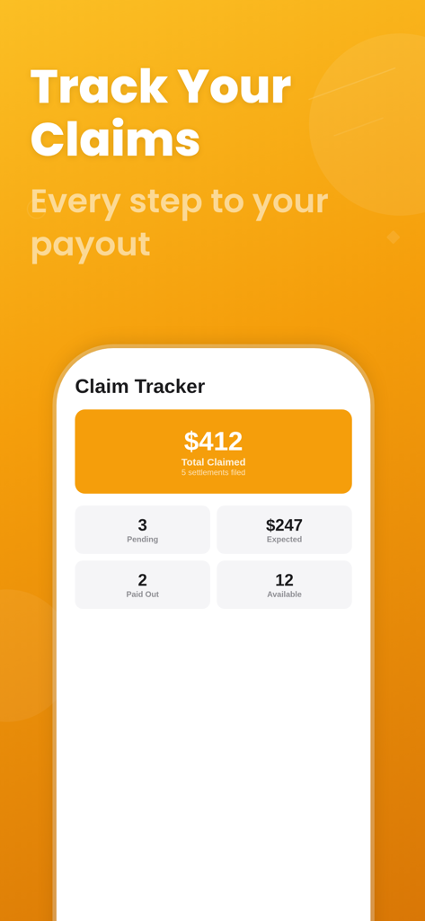 Settlemate: Make them Pay - Tableau de bord de suivi des réclamations de l'application Settlemate montrant le montant total réclamé et les décomptes d'état des règlements