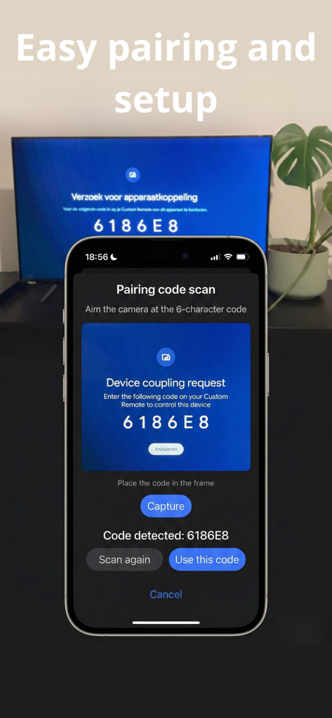 Remote control GTV ATV - iPhone escaneando um código de emparelhamento na tela de uma TV para configurar o aplicativo de controle remoto
