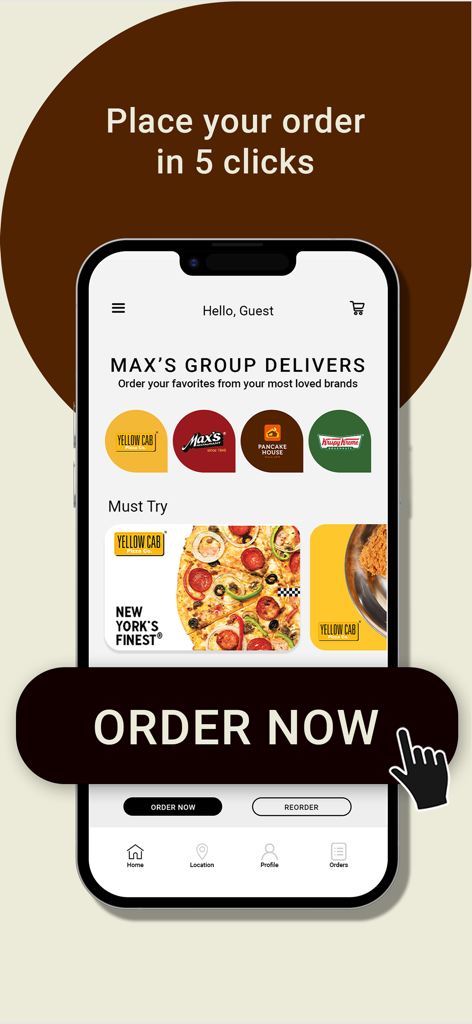 Max’s Group Delivers - Maxs Group Deliversアプリのインターフェースには、Yellow Cab、Maxs Restaurant、Pancake House、Krispy Kremeなどの食品ブランドが表示されています。