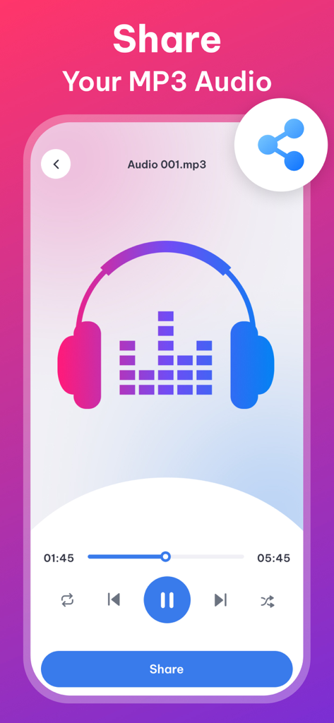 Video to MP3: Audio Converter - A mobile app interface showing an audio player with options to play and share an MP3 file
